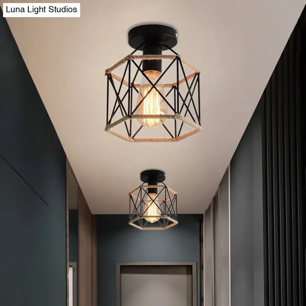 DecorBites™ DecorBites™ Lodge Style Metal and Rope Semi Flush Mount Ceiling Light with Black Finish - Ideal for Hallway