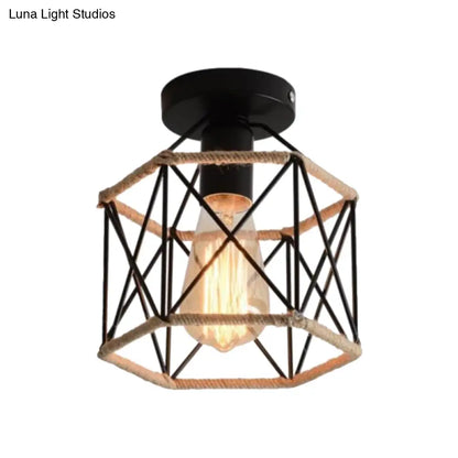 DecorBites™ DecorBites™ Lodge Style Metal and Rope Semi Flush Mount Ceiling Light with Black Finish - Ideal for Hallway
