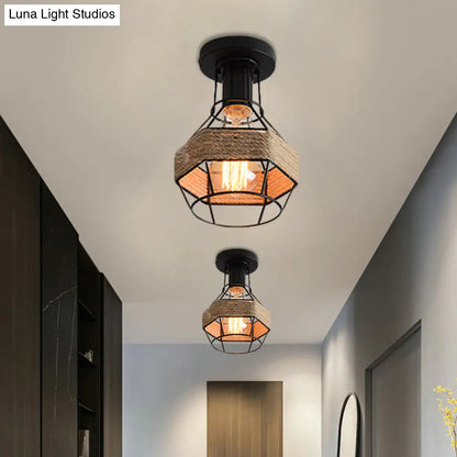 DecorBites™ DecorBites™ Lodge Style Metal and Rope Semi Flush Mount Ceiling Light with Black Finish - Ideal for Hallway