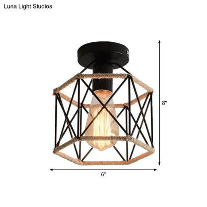 DecorBites™ DecorBites™ Lodge Style Metal and Rope Semi Flush Mount Ceiling Light with Black Finish - Ideal for Hallway