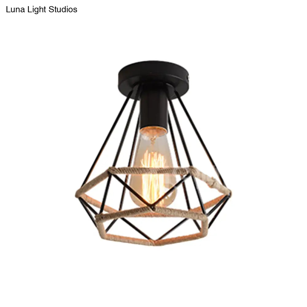 DecorBites™ DecorBites™ Lodge Style Metal and Rope Semi Flush Mount Ceiling Light with Black Finish - Ideal for Hallway