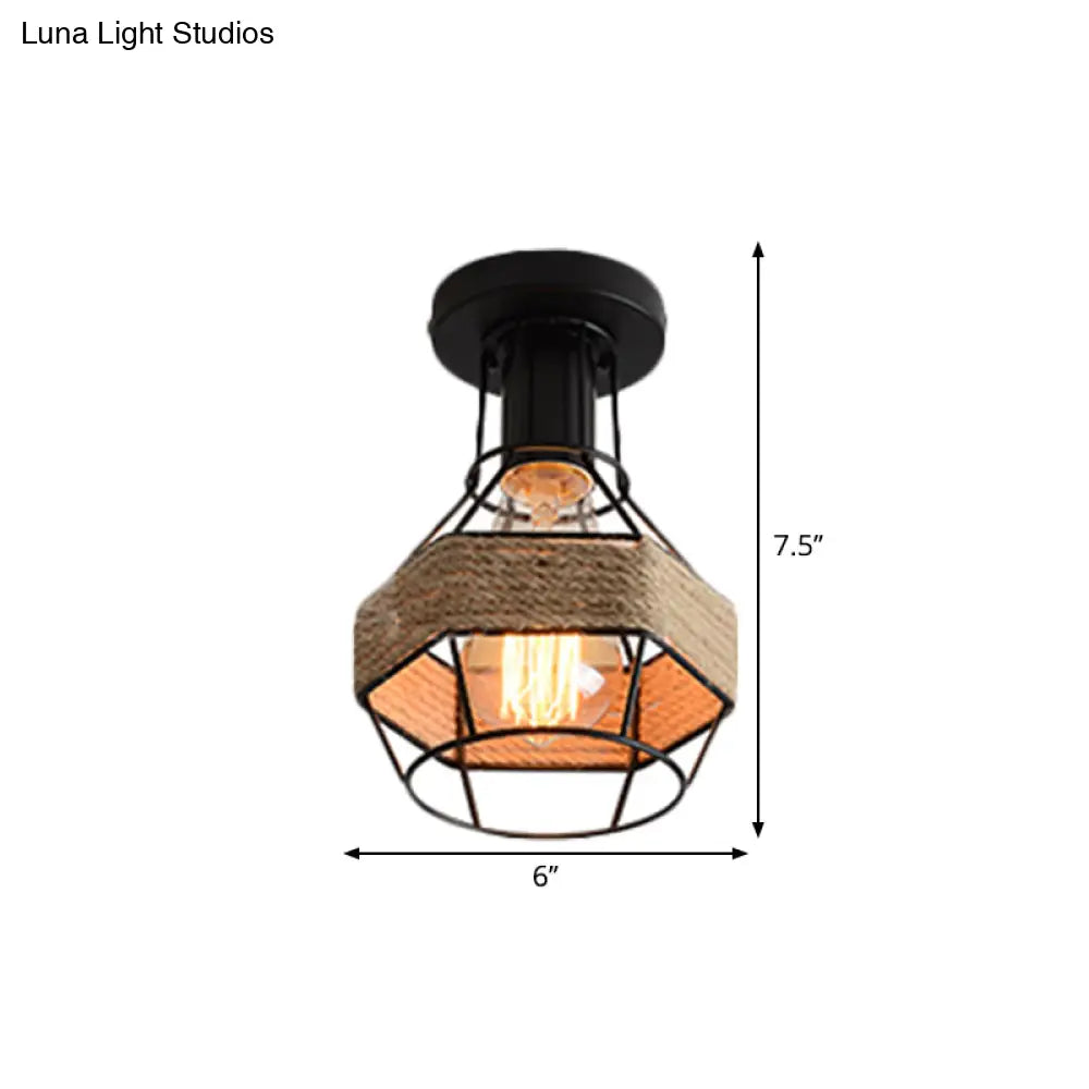 DecorBites™ DecorBites™ Lodge Style Metal and Rope Semi Flush Mount Ceiling Light with Black Finish - Ideal for Hallway