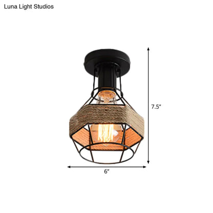 DecorBites™ DecorBites™ Lodge Style Metal and Rope Semi Flush Mount Ceiling Light with Black Finish - Ideal for Hallway