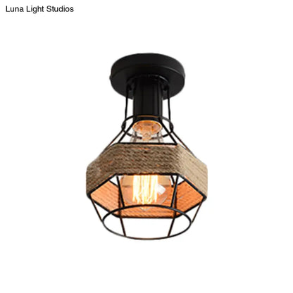 DecorBites™ DecorBites™ Lodge Style Metal and Rope Semi Flush Mount Ceiling Light with Black Finish - Ideal for Hallway