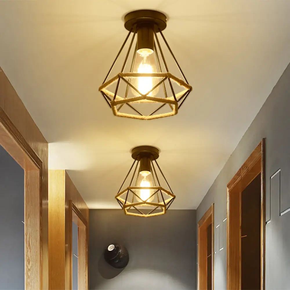 DecorBites™ DecorBites™ Lodge Style Metal and Rope Semi Flush Mount Ceiling Light with Black Finish - Ideal for Hallway