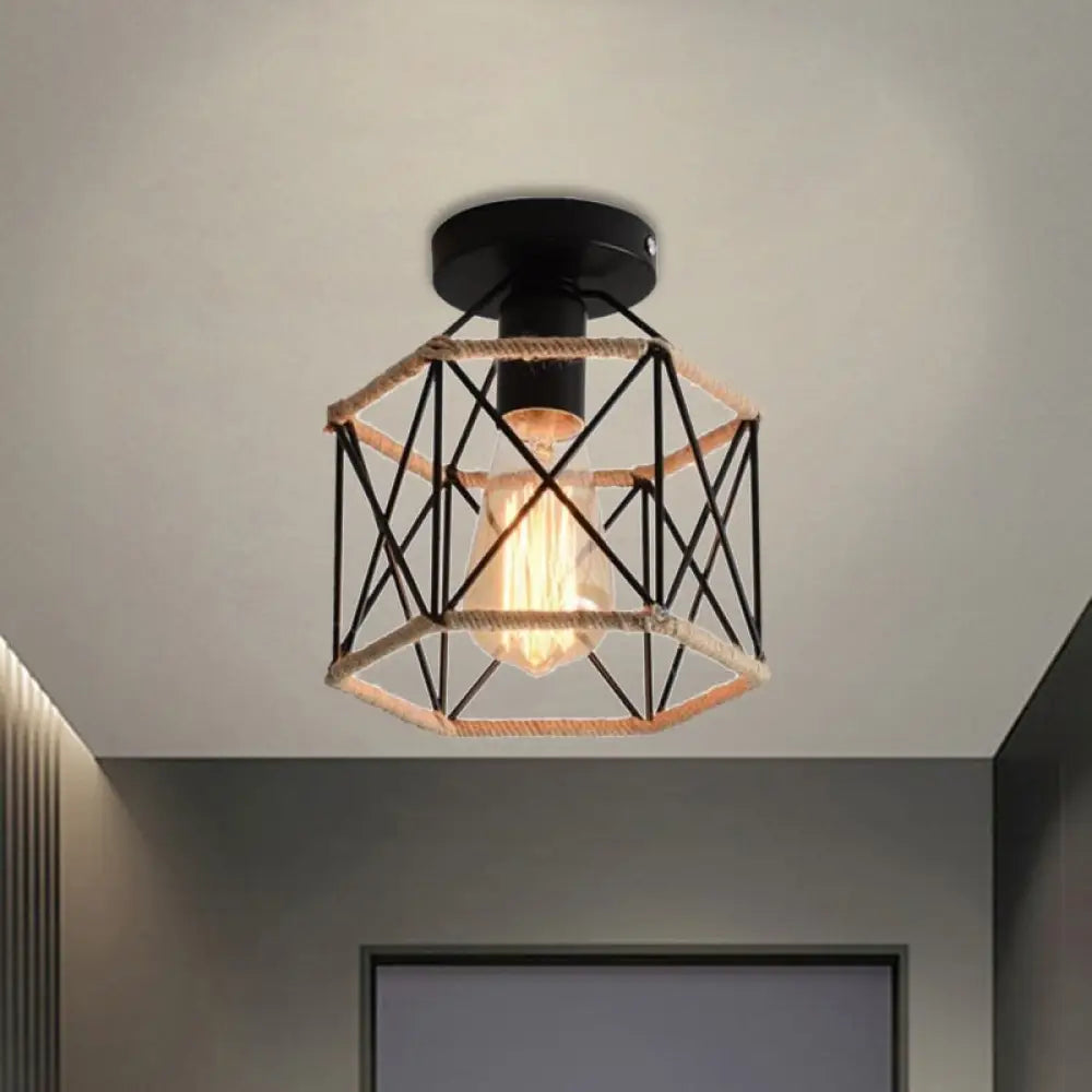 DecorBites™ DecorBites™ Lodge Style Metal and Rope Semi Flush Mount Ceiling Light with Black Finish - Ideal for Hallway