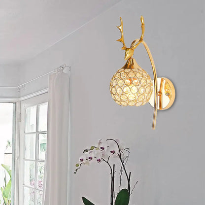 DecorBites™ Lodge Style Metal Deer Head Wall Sconce: 1/2-Bulb Wall Mount Light with Crystal Dome Shade in Chrome/Gold