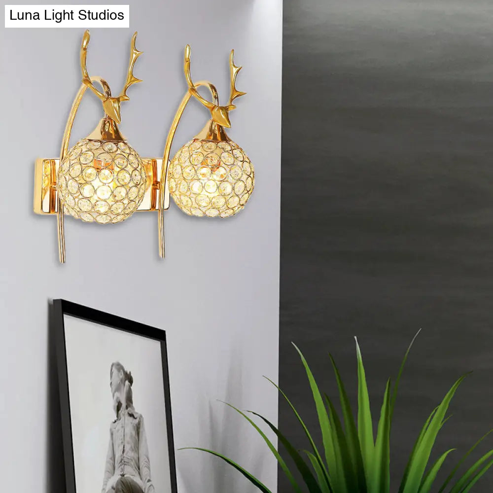 DecorBites™ Lodge Style Metal Deer Head Wall Sconce: 1/2-Bulb Wall Mount Light with Crystal Dome Shade in Chrome/Gold