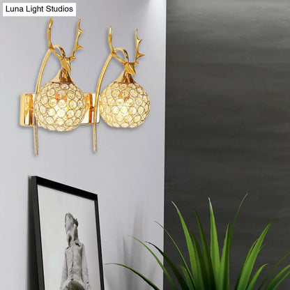 DecorBites™ Lodge Style Metal Deer Head Wall Sconce: 1/2-Bulb Wall Mount Light with Crystal Dome Shade in Chrome/Gold
