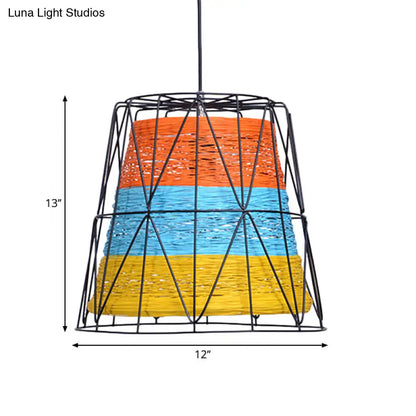 Lodge Style Metallic and Rope 1-Light Bucket Pendant Lamp - White/Blue/Orange/Yellow