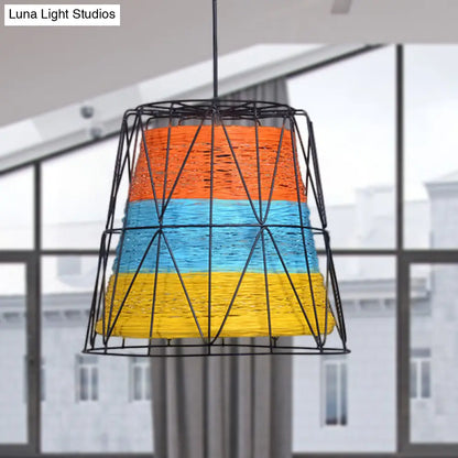 Lodge Style Metallic and Rope 1-Light Bucket Pendant Lamp - White/Blue/Orange/Yellow