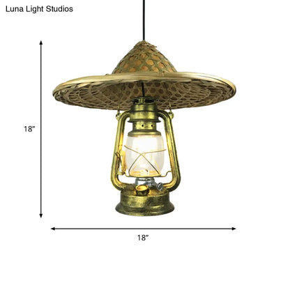 Lodge Style Rattan Pendant Light with Metal Lantern Shade - Brass, 12"/18" W