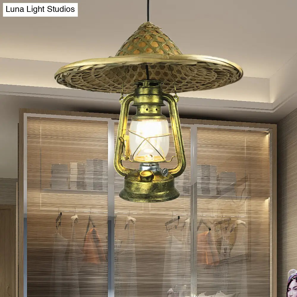 Lodge Style Rattan Pendant Light with Metal Lantern Shade - Brass, 12"/18" W