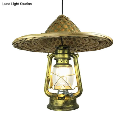 Lodge Style Rattan Pendant Light with Metal Lantern Shade - Brass, 12"/18" W