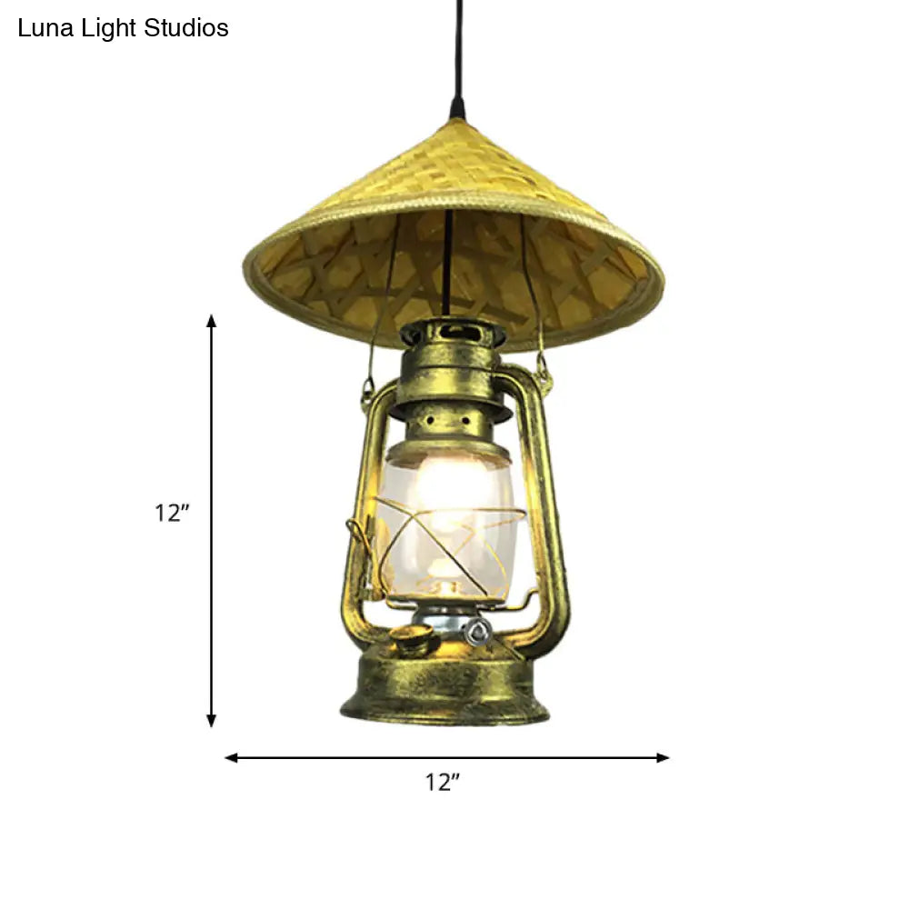 Lodge Style Rattan Pendant Light with Metal Lantern Shade - Brass, 12"/18" W