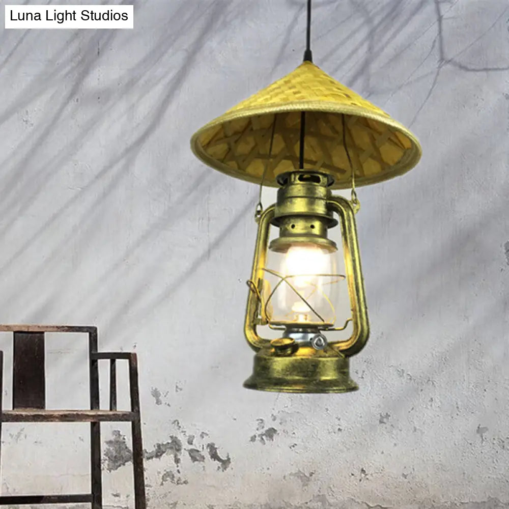 Lodge Style Rattan Pendant Light with Metal Lantern Shade - Brass, 12"/18" W