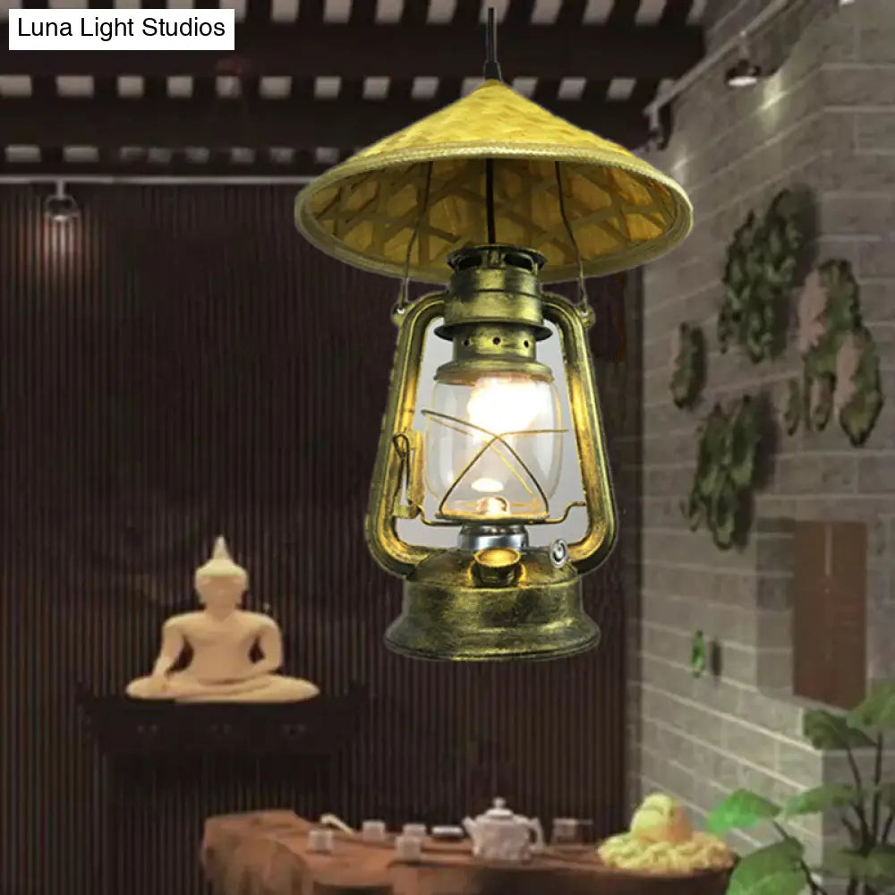 Lodge Style Rattan Pendant Light with Metal Lantern Shade - Brass, 12"/18" W