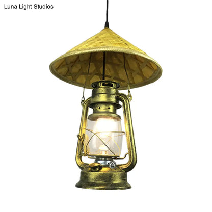 Lodge Style Rattan Pendant Light with Metal Lantern Shade - Brass, 12"/18" W