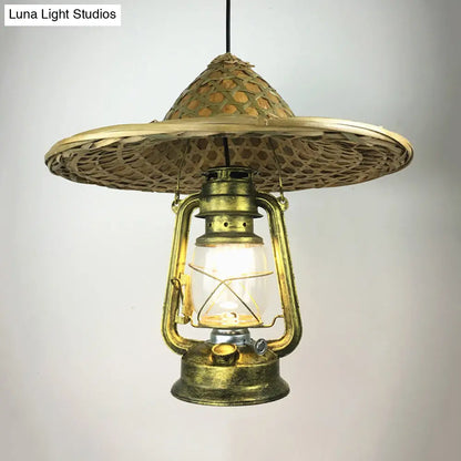 Lodge Style Rattan Pendant Light with Metal Lantern Shade - Brass, 12"/18" W