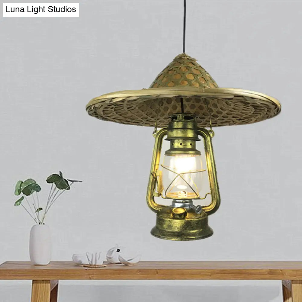 Lodge Style Rattan Pendant Light with Metal Lantern Shade - Brass, 12"/18" W