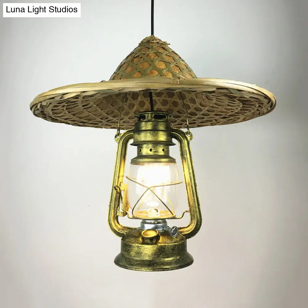 Lodge Style Rattan Pendant Light with Metal Lantern Shade - Brass, 12"/18" W