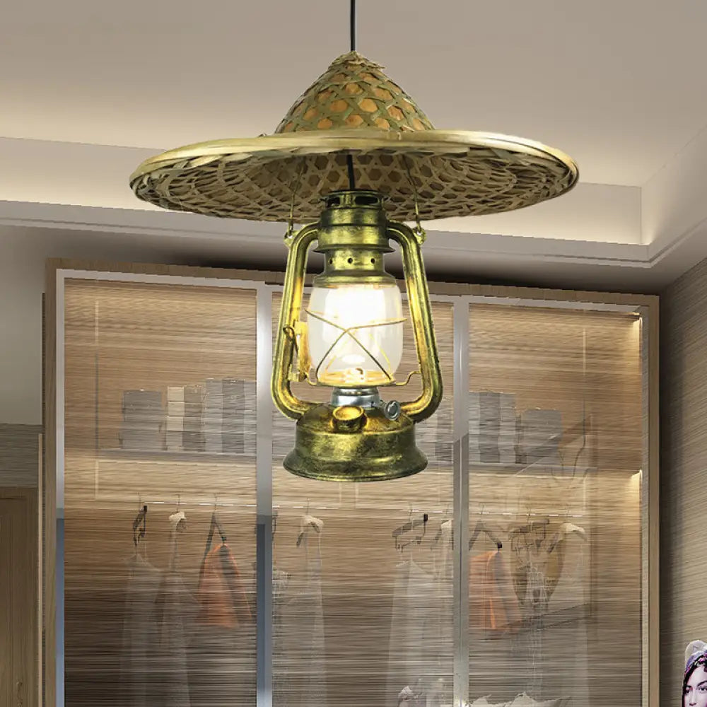 Lodge Style Rattan Pendant Light with Metal Lantern Shade - Brass, 12"/18" W