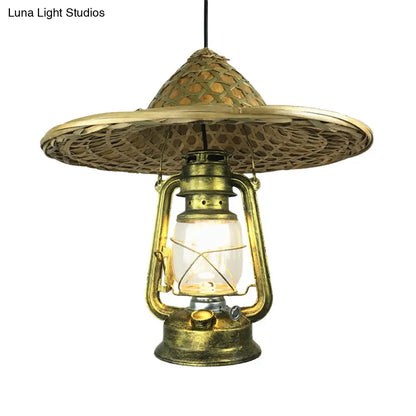 Lodge Style Rattan Pendant Light with Metal Lantern Shade - Brass, 12"/18" W