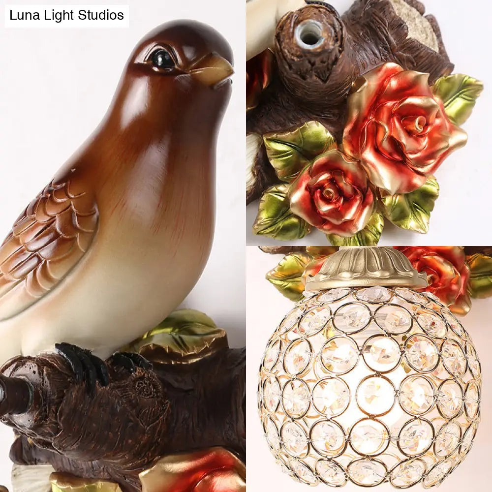 DecorBites™ Lodge Style Resin Bird Wall Sconce Light with Crystal Global Shade