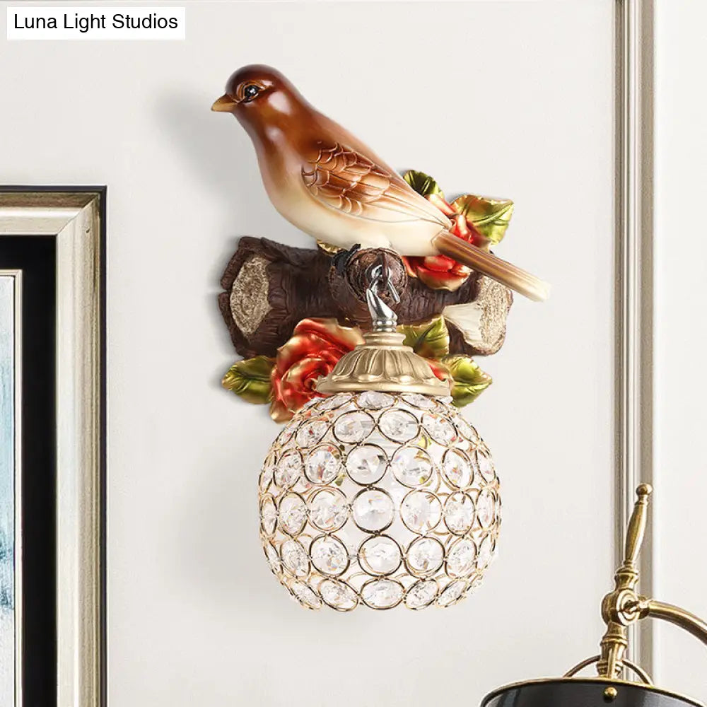 DecorBites™ Lodge Style Resin Bird Wall Sconce Light with Crystal Global Shade