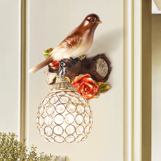 DecorBites™ Lodge Style Resin Bird Wall Sconce Light with Crystal Global Shade