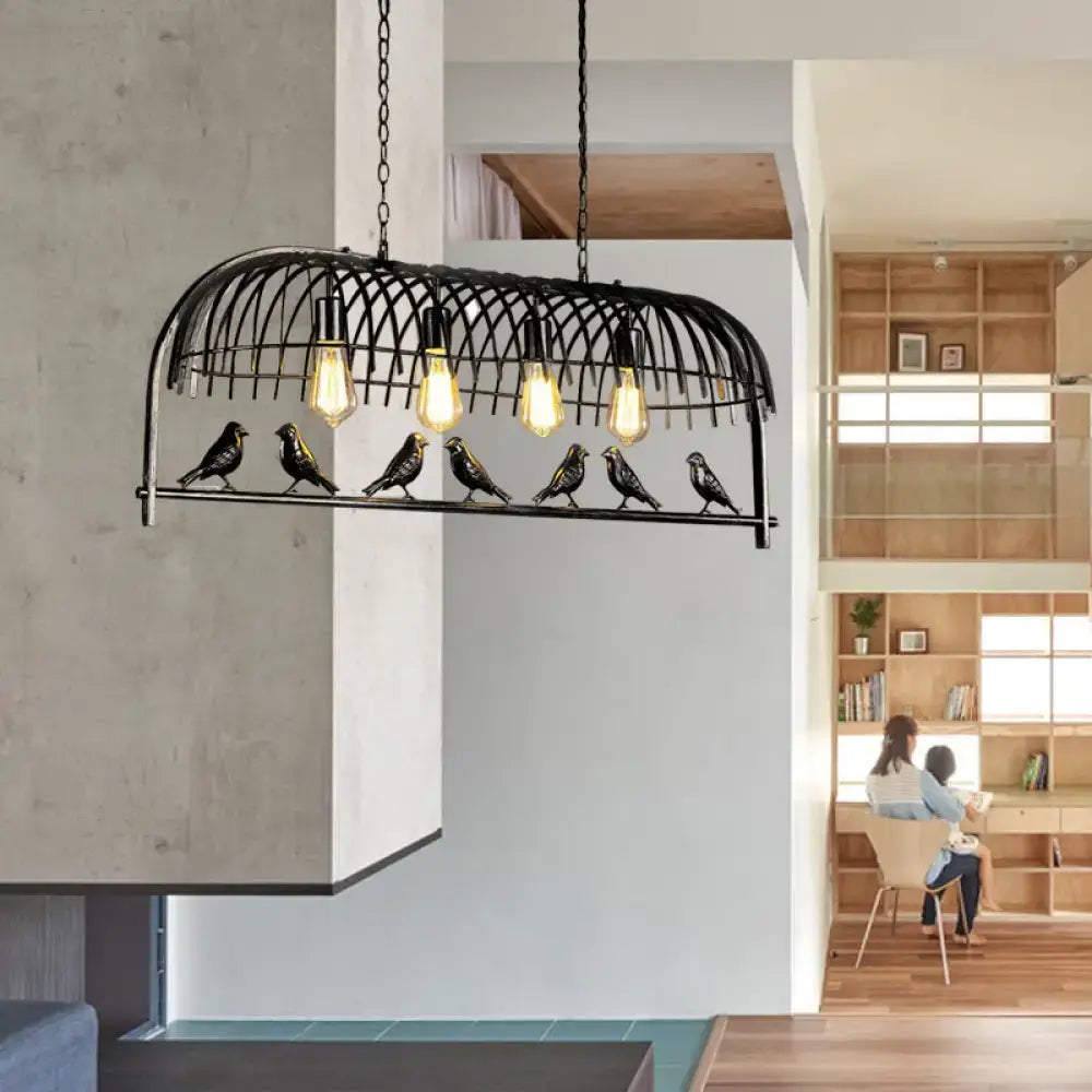 Decorbites metallic lodge style 4-light black wrought iron pendant light with bird design and chain cord wire guard
