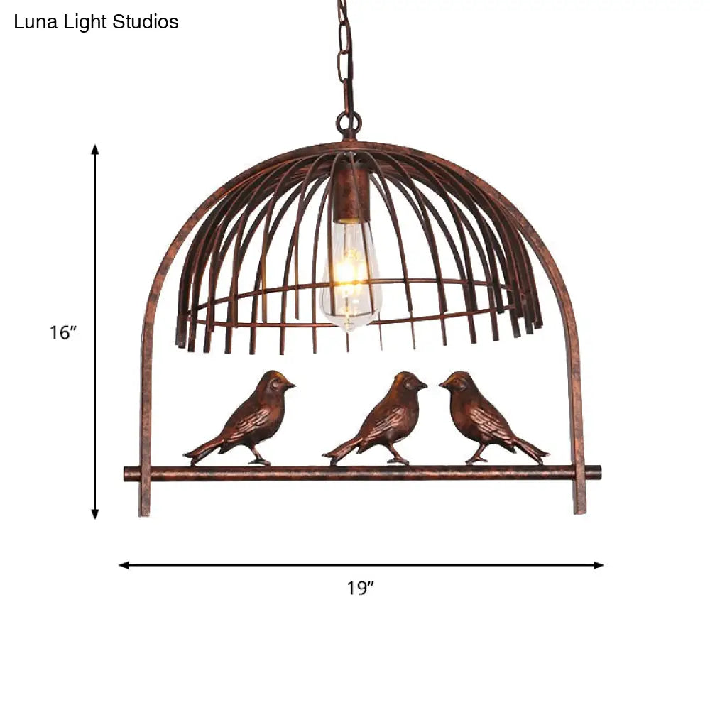 Lodge Style Rust Metal Suspension Lamp with Bird Decoration – 1 Head Wire Dome Pendant Light