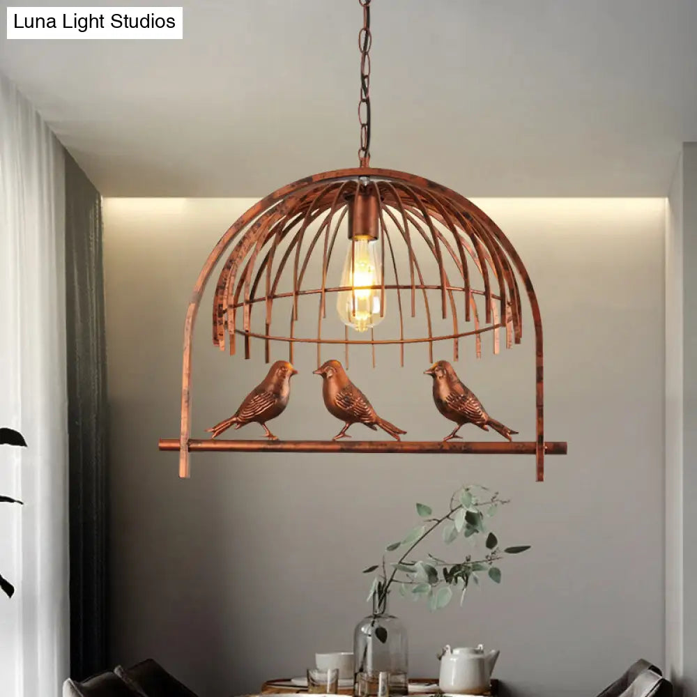 Lodge Style Rust Metal Suspension Lamp with Bird Decoration – 1 Head Wire Dome Pendant Light