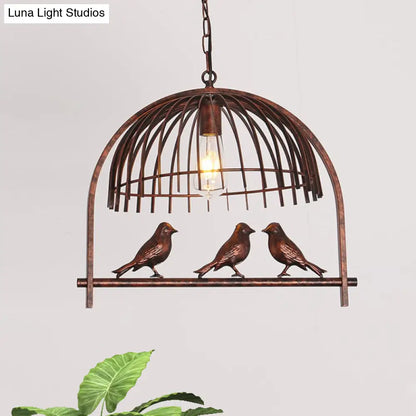 Lodge Style Rust Metal Suspension Lamp with Bird Decoration – 1 Head Wire Dome Pendant Light