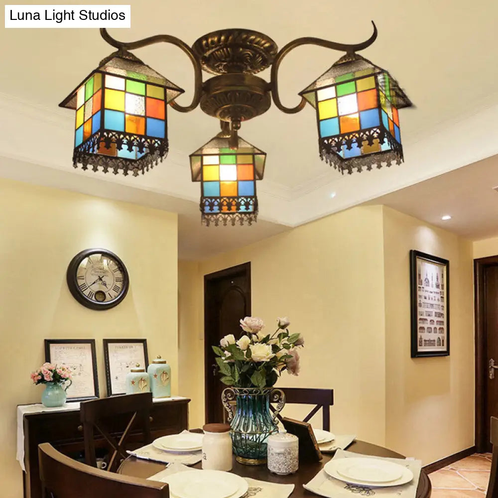 Lodge Style Stained Glass Ceiling Light - 3 Head Semi Flush for Dining Room