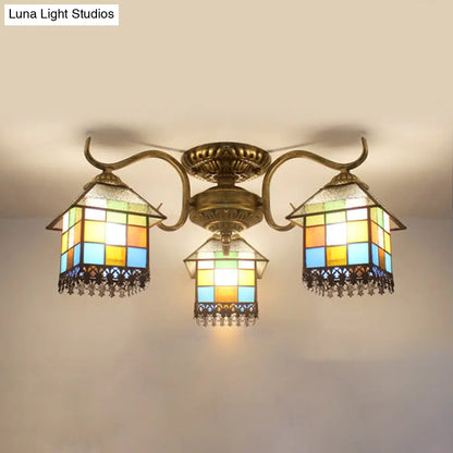 Lodge Style Stained Glass Ceiling Light - 3 Head Semi Flush for Dining Room