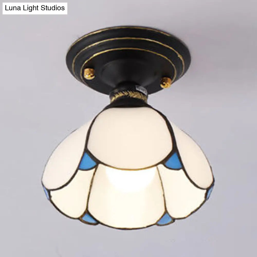 Lodge Style Stained Glass Foyer Flush Light with Petal Shade - Blue/White/Clear