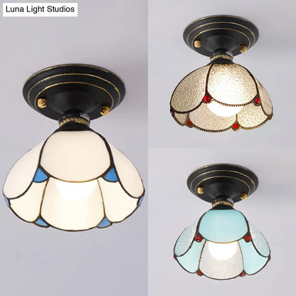 Lodge Style Stained Glass Foyer Flush Light with Petal Shade - Blue/White/Clear