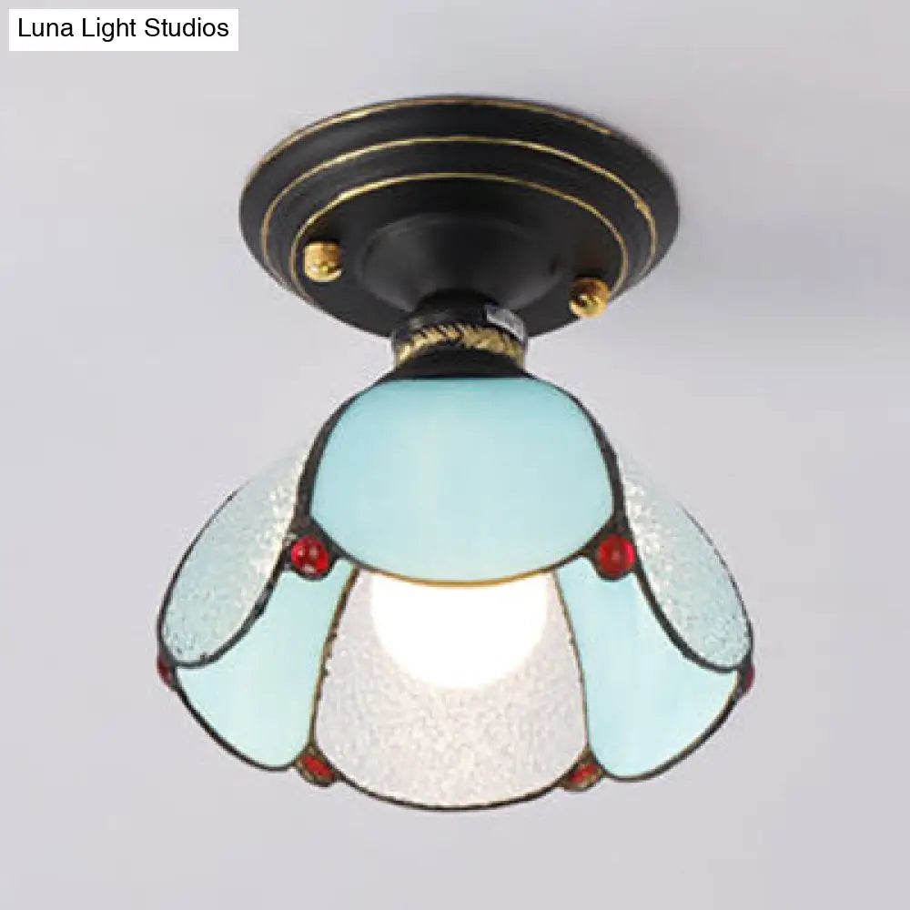 Lodge Style Stained Glass Foyer Flush Light with Petal Shade - Blue/White/Clear