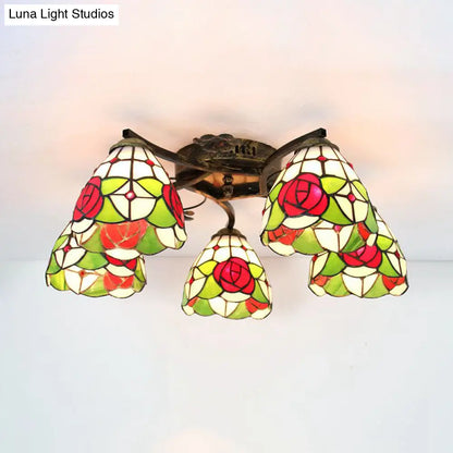 DecorBites™ DecorBites™ Lodge Style Stained Glass Rose Semi Flushmount with 5 Heads for Living Room - Clear/White Flush Lighting
