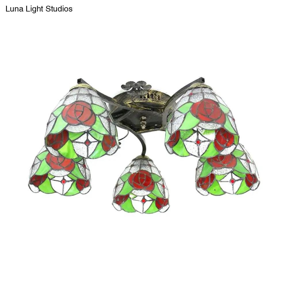 DecorBites™ DecorBites™ Lodge Style Stained Glass Rose Semi Flushmount with 5 Heads for Living Room - Clear/White Flush Lighting