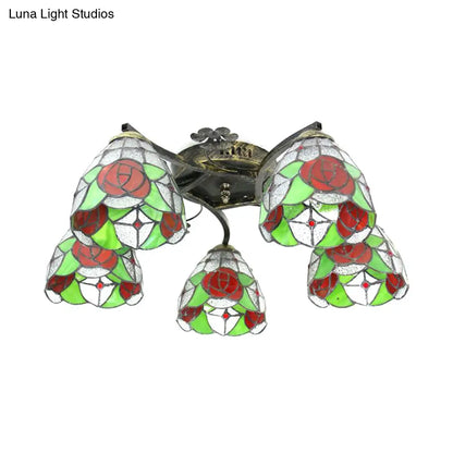 DecorBites™ DecorBites™ Lodge Style Stained Glass Rose Semi Flushmount with 5 Heads for Living Room - Clear/White Flush Lighting
