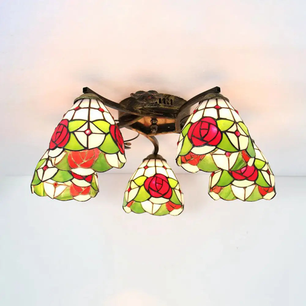 DecorBites™ DecorBites™ Lodge Style Stained Glass Rose Semi Flushmount with 5 Heads for Living Room - Clear/White Flush Lighting
