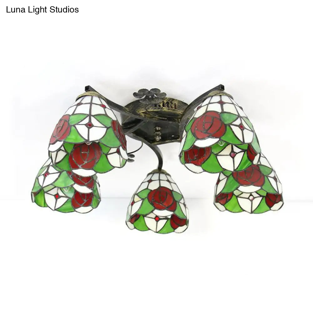 DecorBites™ DecorBites™ Lodge Style Stained Glass Rose Semi Flushmount with 5 Heads for Living Room - Clear/White Flush Lighting
