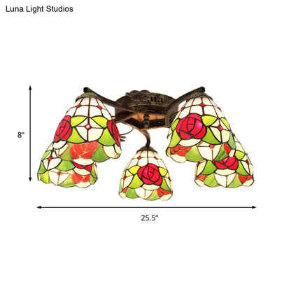DecorBites™ DecorBites™ Lodge Style Stained Glass Rose Semi Flushmount with 5 Heads for Living Room - Clear/White Flush Lighting