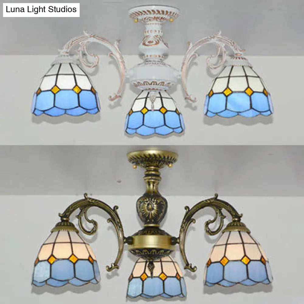 Lodge Style Stained Glass Semi Flush Light for Foyer - 3 Lights Bowl in White/Antique Brass