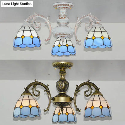 Lodge Style Stained Glass Semi Flush Light for Foyer - 3 Lights Bowl in White/Antique Brass