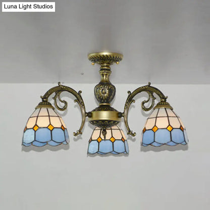 Lodge Style Stained Glass Semi Flush Light for Foyer - 3 Lights Bowl in White/Antique Brass