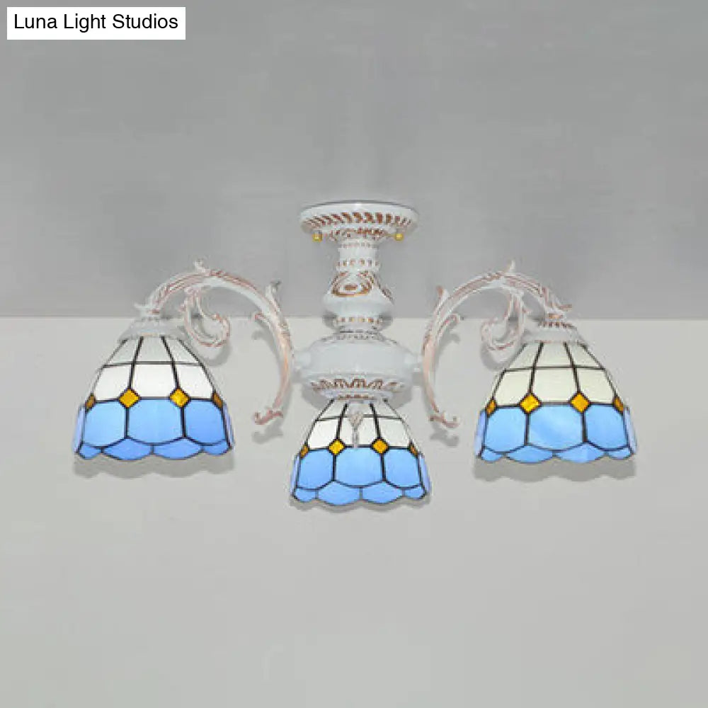 Lodge Style Stained Glass Semi Flush Light for Foyer - 3 Lights Bowl in White/Antique Brass