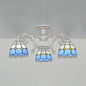 Lodge Style Stained Glass Semi Flush Light for Foyer - 3 Lights Bowl in White/Antique Brass